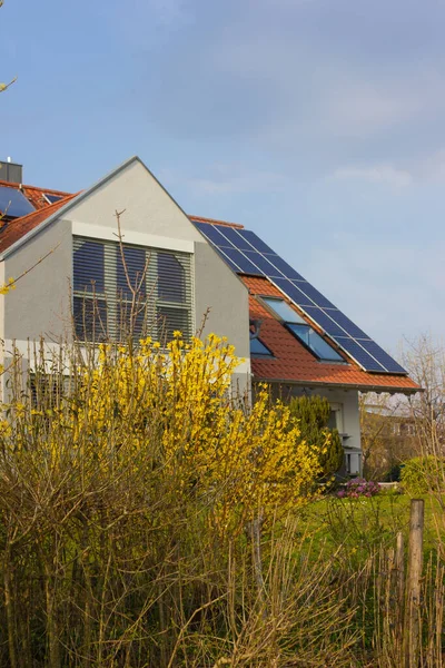 rooftop with solar panels and yellow flowers at south germany springtime sunny day