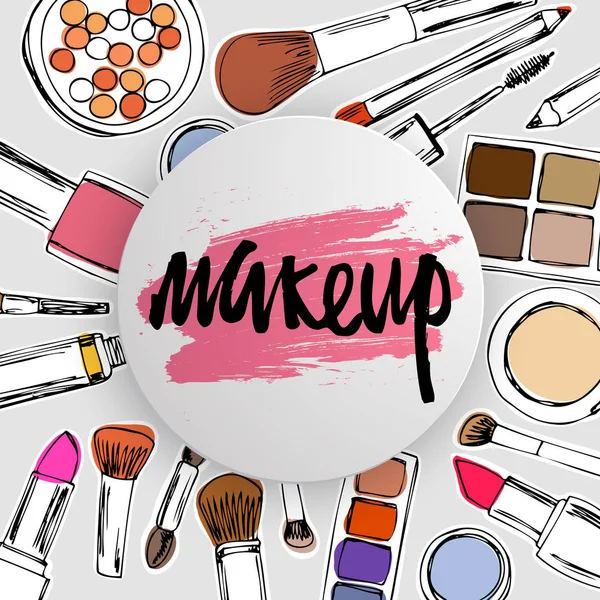 Make-up logo met cosmetica. — Stockvector