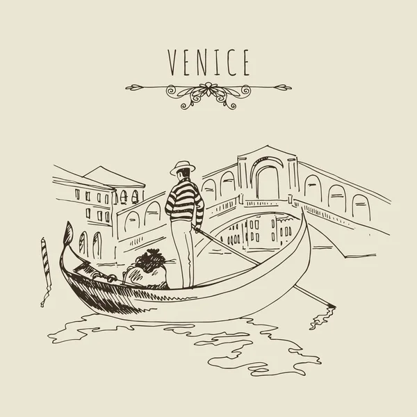 Tarjeta Venecia con gondolero . — Vector de stock