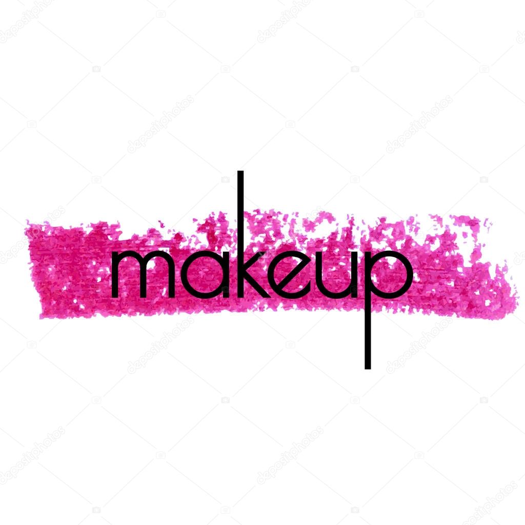 Makeup. Pink vector lipstick smear on white background. Template female girly emblem design Concept for beauty salon, cosmetics label, cosmetology procedures, visage. Fashion design.