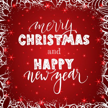 Mutlu yeni yıl ve mutlu Noeller harflerle kırmızı zemin üzerine.