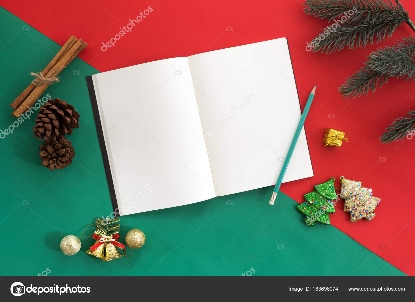 Christmas and New Year background Christmas decoration with opened notebook and fir leaves Holiday concept Creative flat lay top view design — by