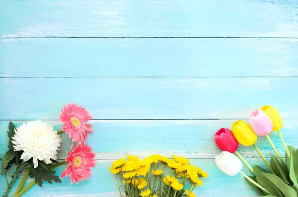 Colorful Flowers Bouquet Blue Wooden Background Concept Flowers Spring Top — Stock Photo, Image