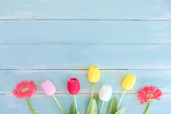 Colorful Flowers Bouquet Blue Wooden Background Concept Flowers Spring Top — Stock Photo, Image