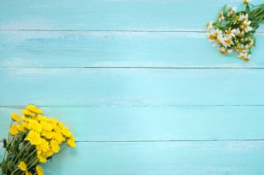 Çiçek kompozisyon. Beyaz ve mavi ahşap zemin üzerine sarı kasımpatı çiçekleri çerçeve yaptı. Kavram çiçekler Bahar, en iyi görünüm ve kenarlık tasarımı,  