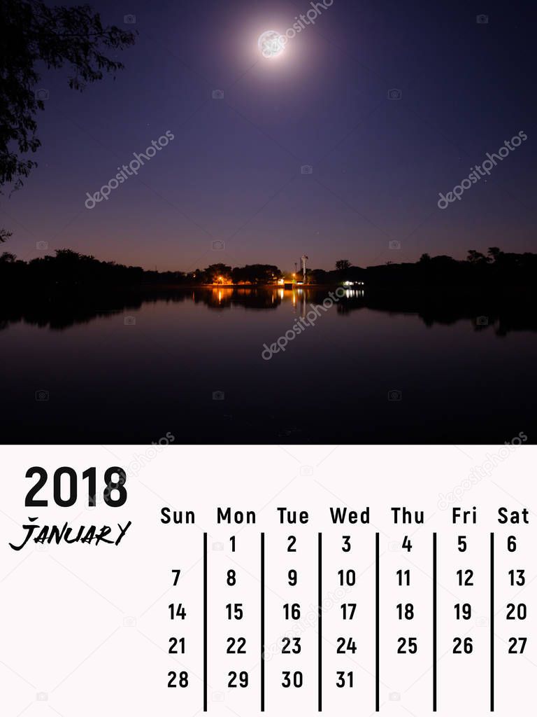 Calendar January 2018 with Full moon night scene