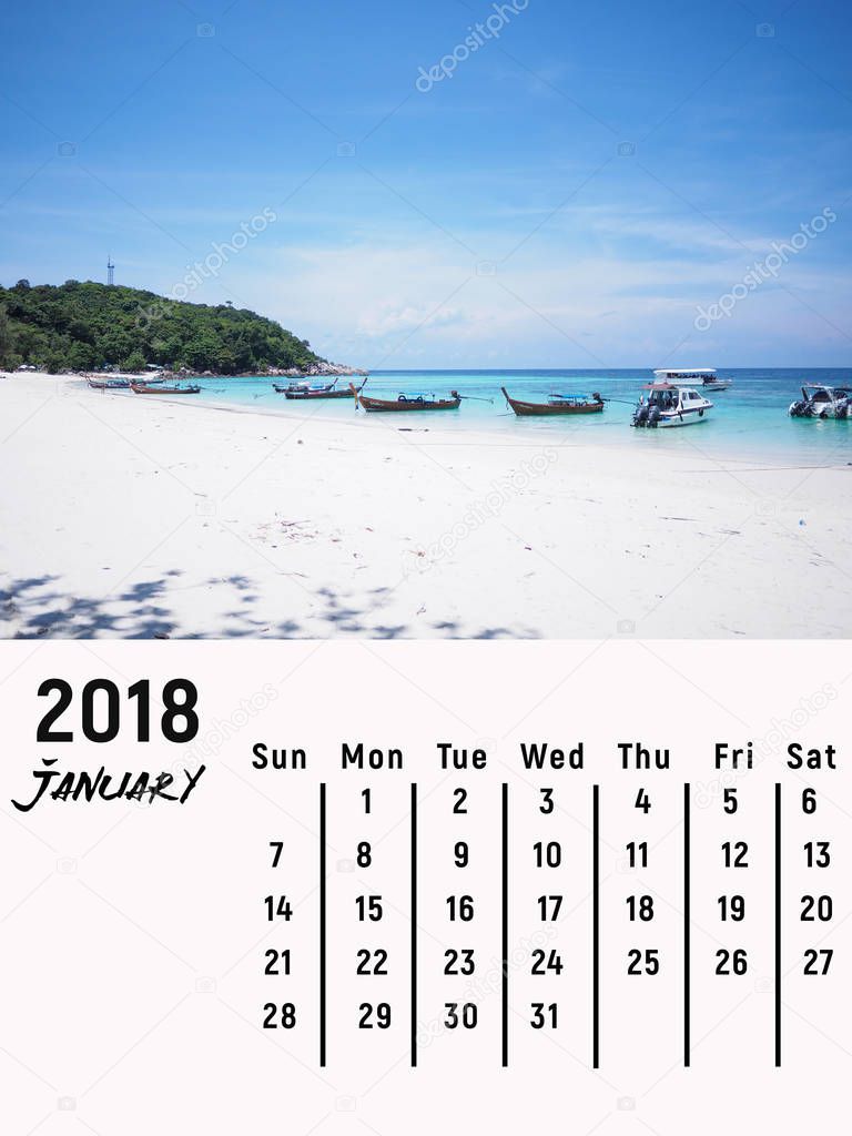 Calendar January 2018 with Ko Lipe beach, Thai island in the Andaman Sea