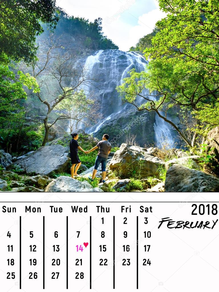 Calendar January 2018 with Lovely couple and big waterfalls