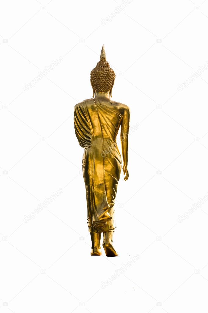 Isolated statue of  golden Buddha from behind on white background