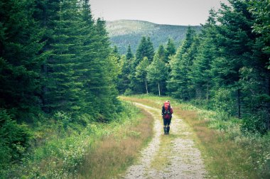 Kadın, Kanada, Quebec 'teki Gosford Dağı yakınlarında kamp yapmak için vahşi doğaya gidiyor.