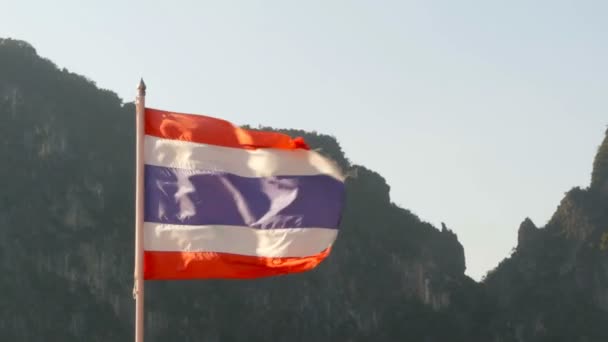 태국 국기는 푸른 하늘 아래 바람에 flutering — 비디오
