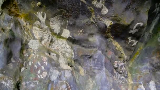 Historic painting in sandstone cave. Spotlight on historical art on the wall. — Stock Video