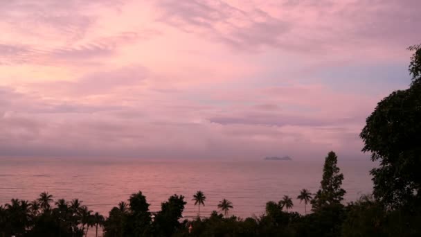 Мягко фиолетовое небо с розовыми облаками во время заката или восхода солнца в тропическом климате — стоковое видео