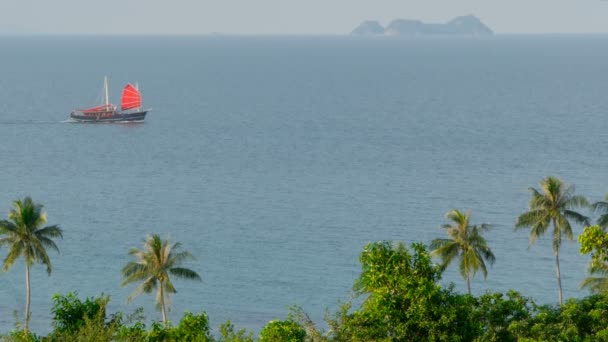 Kırmızı olan geleneksel bir Çin gemi yüzen deniz kenarında günbatımında yelken — Stok video