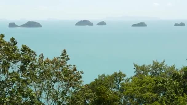 Öt Nővér-sziget a nyugodt víz felszínén. Varázslatos táj, növényzet és mély nyugodt víz, Samui Thaiföld. Lazítson nyaralás nyaralás üdülőhely koncepció. Madárszem panoráma légi drón felülnézet — Stock videók