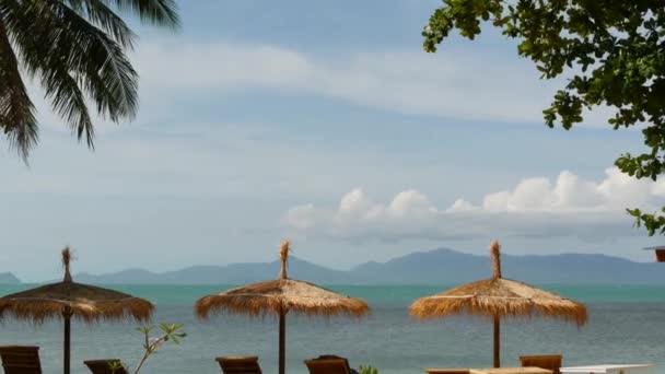 Sombras de sol sobre fondo marino. Sombrillas de paja y palmeras en el fondo del océano y el cielo en Tailandia. Relájate, Viajes vacaciones concepto de resort. — Vídeo de stock