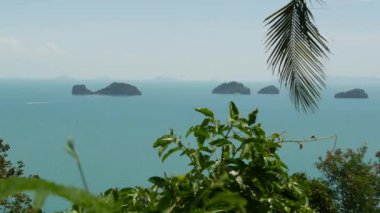 Huzurlu su yüzeyindeki beş kardeş adası. Büyüleyici manzara, yeşillik ve derin sakin su, Samui Tayland. Seyahat tatil beldesi konseptini gevşet. Kuş gözü panoramik hava aracı üst görünümü