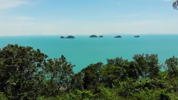 Cinque isole sorelle in serena superficie dell'acqua. Paesaggio incantevole, verde e acque profonde e calme, Samui Thailandia. Relax viaggio vacanza concetto resort. Occhio di uccello panoramica drone aereo vista dall'alto — Video Stock