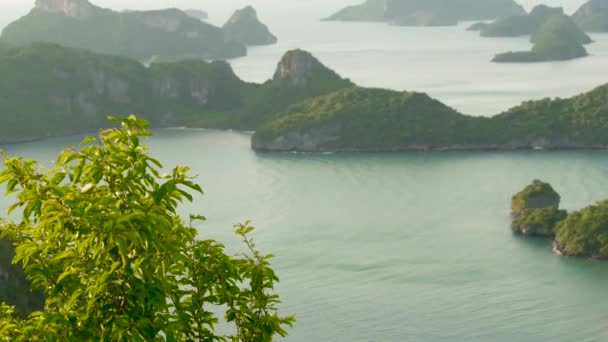 Bird eye panoramisch uitzicht vanuit de lucht op de eilanden in de oceaan bij Ang Thong National Marine Park in de buurt van toeristische Samui paradijs tropische resort. Archipel in de Golf van Thailand. Idyllische natuurlijke achtergrond — Stockvideo