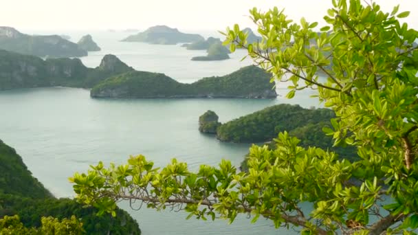 Ptačí oko panoramatický letecký pohled na ostrovy v oceánu v Ang Thong Národního mořního parku v blízkosti turistického ráje Samui tropické letovisko. Souostroví v Thajském zálivu. Idylické přírodní pozadí — Stock video
