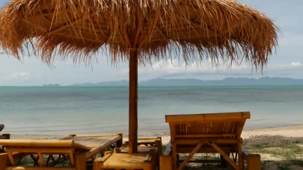 Osłony słoneczne na tle morza. Parasole słoneczne ze słomy i palm na tle oceanu i nieba w Tajlandii. Relaks, Podróże wakacje koncepcja kurortu. — Wideo stockowe