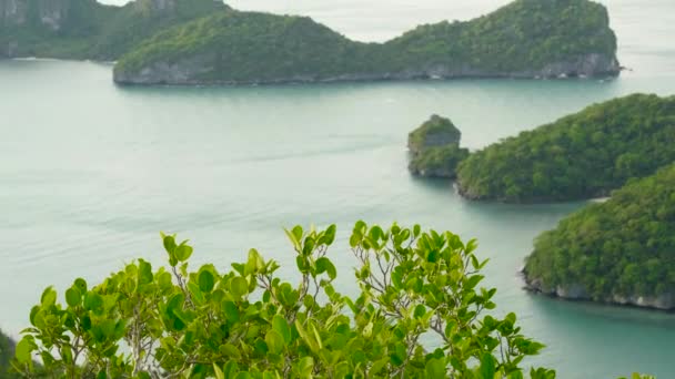 Vista aérea panorámica de las islas en el océano en el Parque Marino Nacional Ang Thong cerca del turístico resort tropical Samui Paradise. Archipiélago en el Golfo de Tailandia. Fondo natural idílico — Vídeos de Stock