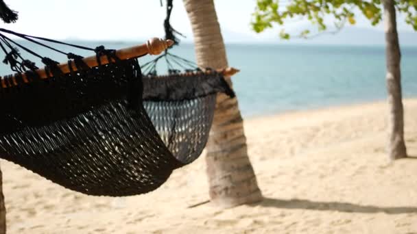 Rede preta que se estende entre coqueiros. Rede hipster vintage malha com franja nas bordas esticadas na praia paradisíaca arenosa da ilha tropical. Relaxe, conceito de resort de férias de viagem . — Vídeo de Stock