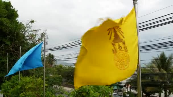 Sventolando bandiere lungo il mare nella giornata nuvolosa. Bandiera colorata della Thailandia e della Famiglia Reale lungo la costa il giorno coperto. Mess di cablaggio elettrico su sfondo. Simboli del paese e della nazione tailandese . — Video Stock