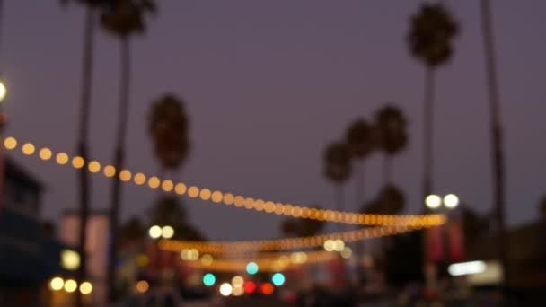Decorative staring garland lights, palm trees silhouettes, evening sky. Blurred Background. Street decorated with lamps in California. Festive illuminations, beach party, tropical vacations concept. — Stock Video