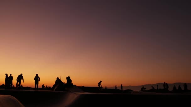 Silhouette fiatal ugró gördeszka lovaglás longboard, nyári naplemente háttér. Venice Ocean Beach skatepark, Los Angeles Kalifornia. Tinik gördeszkás rámpán, extrém park. Tinédzserek csoportja. — Stock videók