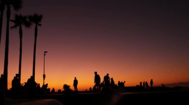 Yaz günbatımı arka planında, kaykayla gezen genç kaykaycı silueti. Venice Ocean Beach kaykay parkı, Los Angeles California. Kaykay rampasında gençler, ekstrem park. Bir grup genç..