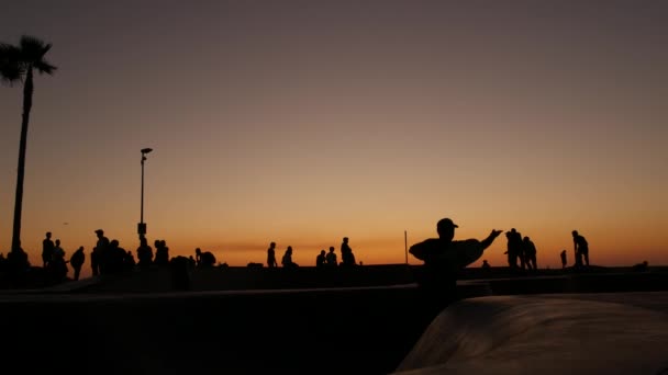 Silhuett av unga hoppa skateboardåkare ridning longboard, sommar solnedgång bakgrund. Venice Ocean Beach skatepark, Los Angeles Kalifornien. Tonåringar på skateboard ramp, extrem park. Tonårsgrupp. — Stockvideo