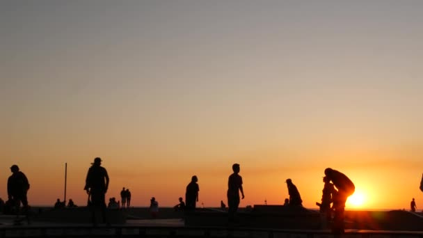 Silueta mladého skákajícího skateboardisty na dlouhém prkně, letní pozadí západu slunce. Venice Ocean Beach skatepark, Los Angeles California. Teenky na skateboardu, extrémní park. Skupina teenagerů. — Stock video