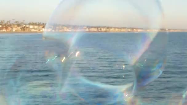 Soplando burbujas de jabón en el muelle del océano en California, fondo borroso de verano. Metáfora romántica creativa, concepto de soñar la felicidad y la magia. Símbolo abstracto de infancia, fantasía, libertad — Vídeo de stock