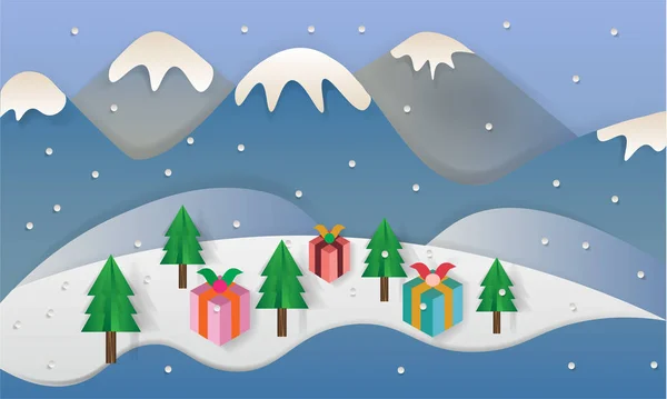 Noite de Natal - fundo com caixas de presente e montanha no estilo de arte de papel de neve - fundo vetorial —  Vetores de Stock