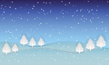 Gece gökyüzü kar ile Noel manzara doğa arka plan, kağıt sanat stil illüstrasyon