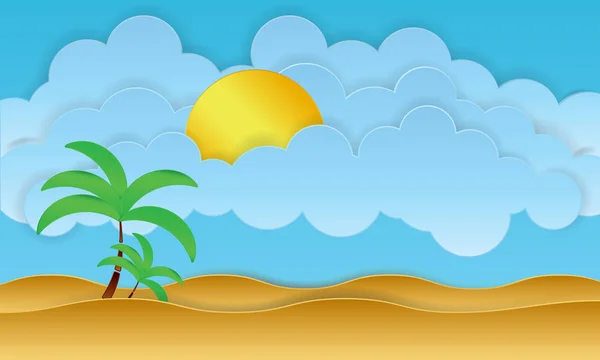 Zomer vector design met zon, palmboom, strand en zee - vectorillustratie — Stockvector