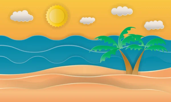 Zomertijd, zee met strand en kokosnoot boom, papier kunststijl — Stockvector