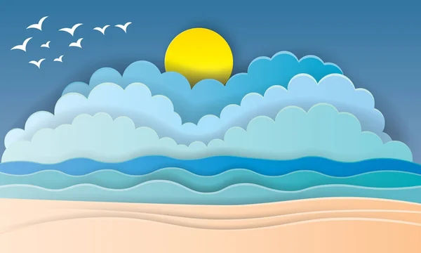 Όμορφη παραλία χαρτί τέχνης στυλ με πλαίσιο διανυσματική απεικόνιση — Διανυσματικό Αρχείο