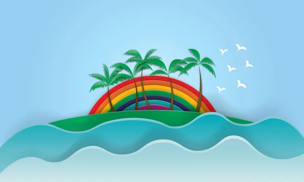 Californië Rainbow prachtige zonsondergang Slogan zomer surf en Palm — Stockvector