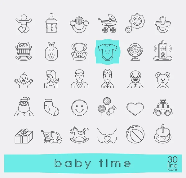 Set of line icons for baby care, feeding and play. First year of — Stock Vector