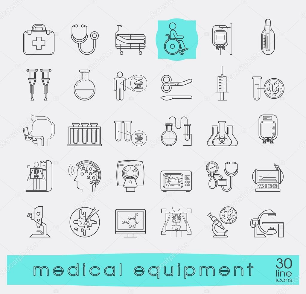 Collection of medical equipment icons. 