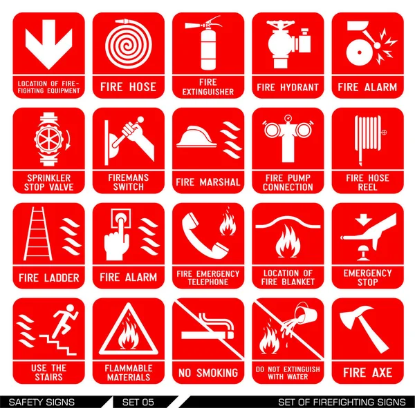 Reihe von Sicherheitsschildern. Symbole der Brandbekämpfung. — Stockvektor