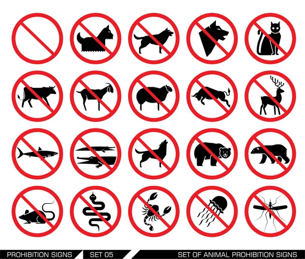 Set of animal prohibition signs — Stock Vector