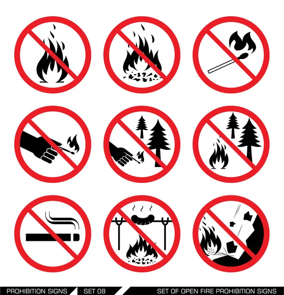 Set of open fire prohibition signs — Stock Vector