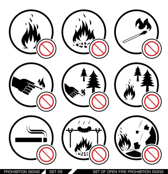 Set of open fire prohibition signs. — Stock Vector