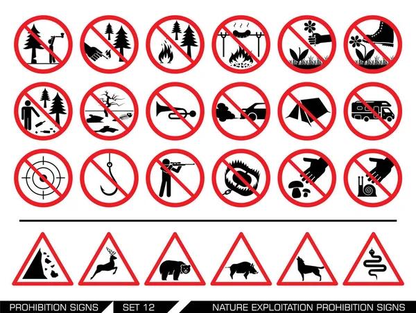 Set of nature exploitation prohibition signs — Stock Vector