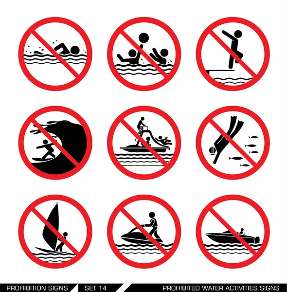 Set of prohibition signs for water activities — Stock Vector