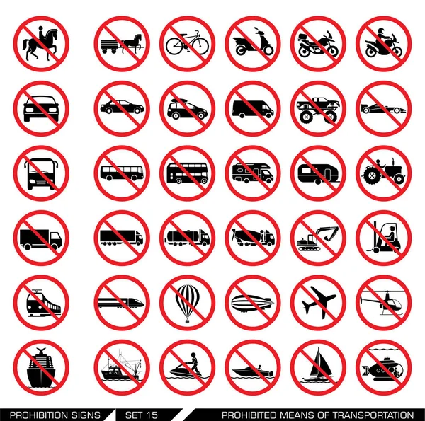 Set of prohibition signs for different means of transportation — Stock Vector