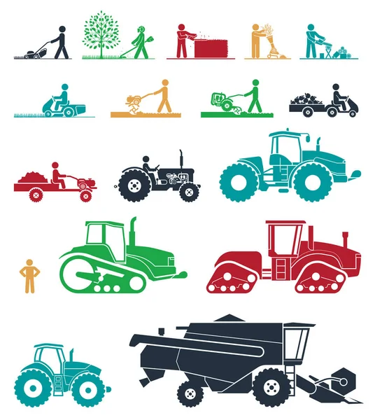Set van verschillende soorten landbouwvoertuigen en tuinieren machines — Stockvector